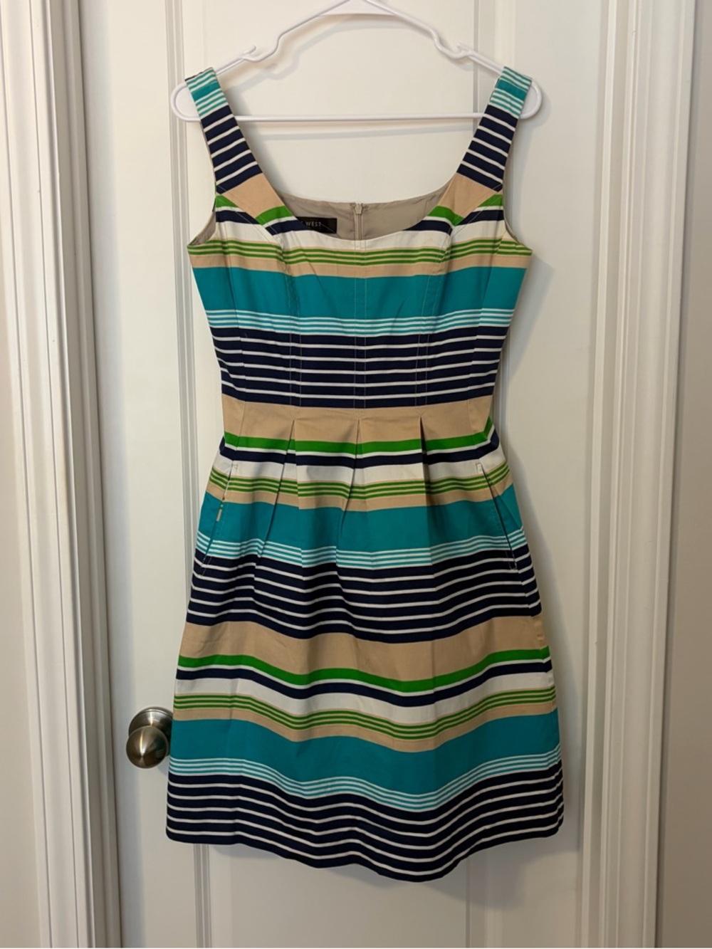 Nine West-Striped Teal & Navy Sleeveless Fit-and-Flare Dress-   Lined 
Size 6